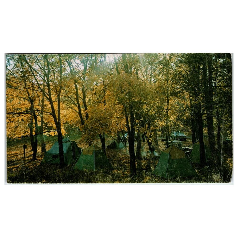 1979 Vintage Postcard Pennsylvania Campground Autumn Tents Cars Posted
